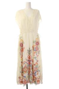 21SS カシュクール刺繍ワンピース Vネック 半袖 ロング フレア 36 クリーム マルチカラー