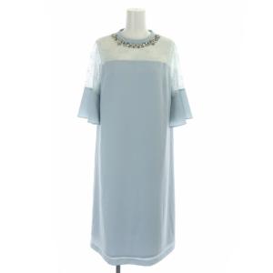 20SS スタンドカラーAラインワンピース ロング ミモレ丈 五分袖 ビジュー装飾 ライトブルー