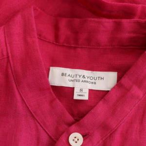 BEAUTY&YOUTH UNITED ARROWS リネンバンドカラーシャツワンピース ロング 胸ポケット ウエストリボン付き S マゼンタ