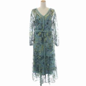 20SS スターチュールレースワンピース Vネック 長袖 インナー付き 36 スモークグリーン