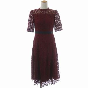 リーフレースワンピース 五分袖 ロング セミフレア 36 ボルドー