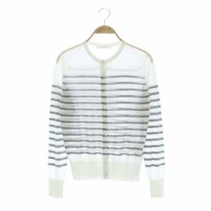 22SS クレープコットンクルーネックカーディガン 長袖 ボーダー シアー S グレー 白 ホワイト