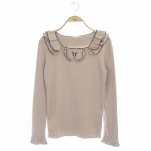 ニット カットソー 長袖 スクエアネック フリル ビーズ ウール 2 ピンク ブラック