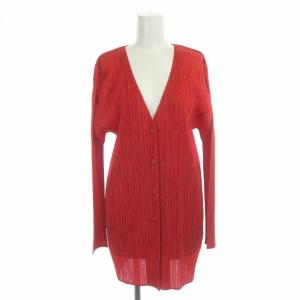 イッセイミヤケ プリーツ Vネックロングカーディガン 長袖 4 レッド