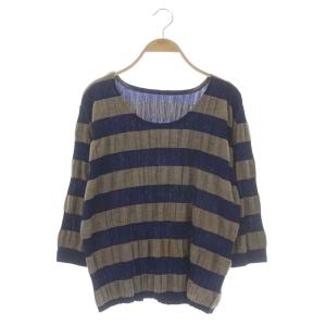 イッセイミヤケ プリーツ シワ加工 ボーダーブラウス トップス 八分袖 プルオーバー 4 ベージュ 紺 ネイビー