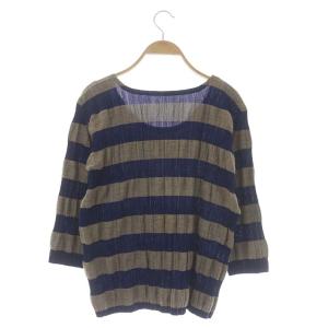 PLEATS PLEASE ISSEY MIYAKE イッセイミヤケ プリーツ シワ加工 ボーダーブラウス トップス 八分袖 プルオーバー 4 ベージュ 紺 ネイビー