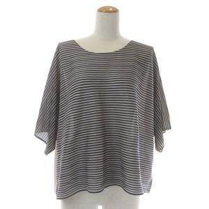 イッセイミヤケ プリーツ ボーダー ブラウス トップス 七分袖 プルオーバー 3 ライトベージュ 紺 ネイビー