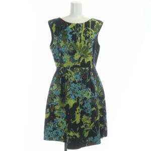 ひざ丈総柄ワンピース タック ノースリーブ 38 黄緑 水色 ダークネイビー