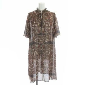 20AW シャーリングネックプリントワンピース ひざ丈 半袖 36 茶 ブラウン