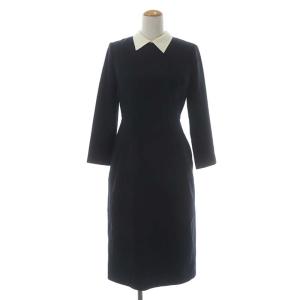 襟付きタイトワンピース ロング 長袖 36 ネイビー
