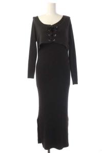 LACE UP KNIT ONEPIECE ロング タイト オープンショルダー アシンメトリー 長袖 チャコールグレー