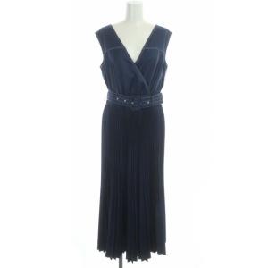 22SS プリーツ ワンピース ロング ノースリーブ ステッチ ベルト付き 38 紺 白 ネイビー ホワイト