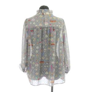 franche lippée おこのみ スタンドブラウス 七分袖 ギャザー プルオーバー 総柄 フリル M グレー