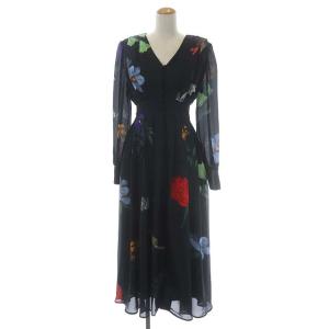 AMANDA DRESS ワンピース ロング 長袖 花柄 前開き フレア S ネイビー