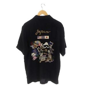 HOUSTON 刺繍 ボウリングシャツ 半袖 胸ポケット L ブラック