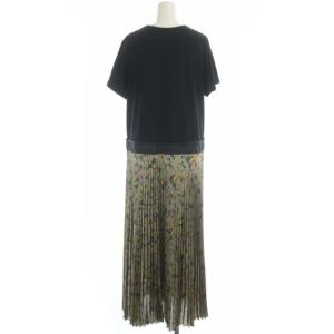 sacai 21年 フラワープリントプリーツ ドッキング カットソーワンピース 3 紺 グレージュ