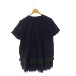 sacai 裾プリーツ レース カットソー ブラウス プルオーバー 半袖 2 ネイビー グリーン