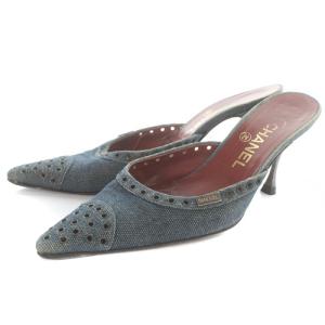 ミュール デニム ポインテッドトゥ ピンヒール 37 24cm ネイビー