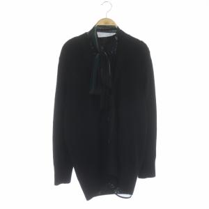 フラワーボウタイブラウスドッキング ニット カーディガン 長袖 フェイクレイヤード 2 黒 ブラック