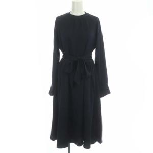 ギャザーネックロングワンピース 長袖 リボンベルト付き 36 ネイビー