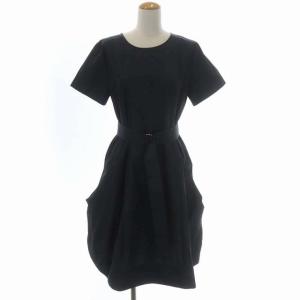 ネイビー NAVY ベルト付きタックワンピース 膝丈 フレア タック 半袖 クルーネック 34 紺 ネイビー