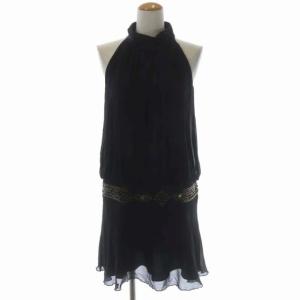 シルク ノースリーブビーズ付きワンピース ミニ フレア 切替 サテン 36 黒 ブラック