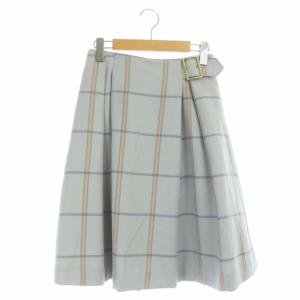 フレアスカート ひざ丈 チェック ベルトデザイン ウール 38 水色 グレー ベージュ