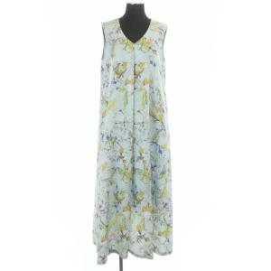 22SS フラワーオーナメント ワンピース Vネック ノースリーブ ロング フレア 36 スカイブルー 白 黒