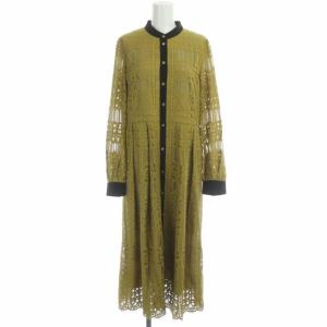 21AW スタンドカラーレースワンピース ロング フレア 長袖 36 黄 黒 ベージュ イエローブラック