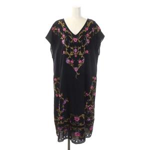 20AW フラワーカットワークワンピース ロング フレンチスリーブ 刺繍 リネン混 36 黒 ブラック マルチカラー
