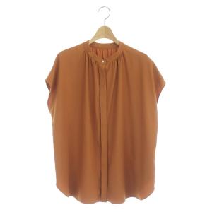 22SS バックサテンジョーゼットギャザーブラウス 半袖 バンドカラー 48 オレンジ