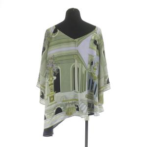 Grace Class 20SS スカーフポンチョトップ ブラウス 七分袖 プルオーバー フレア アシンメトリー 総柄 36 グリーン