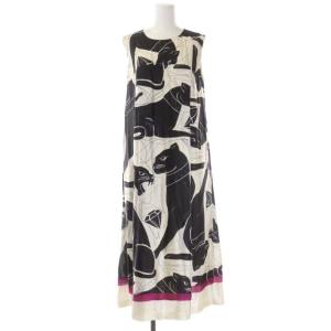 パンサーダイヤモンドワンピース ロング ノースリーブ フレア 38 アイボリー ブラック ピンク