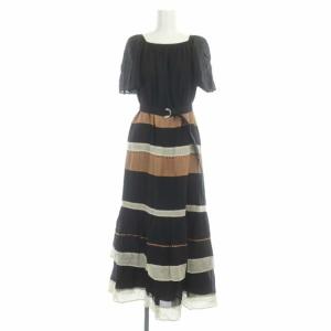 ワンピース 半袖 フレア ロング シルク混 配色 ベルト付き 36 黒 茶 アイボリー ブラック ブラウン