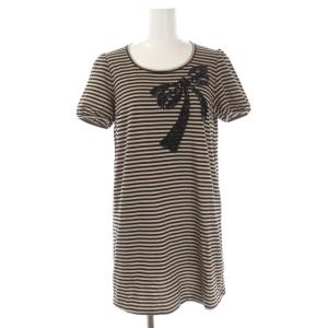 ボーダー スパンコール 半袖 チュニック カットソー プルオーバー 2 ベージュ 黒 ブラック