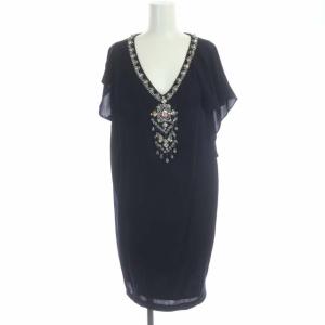 ワンピース ミニ ビジュー ビーズ装飾 Vネック アシンメトリー フレンチスリーブ 36 紺 ネイビー