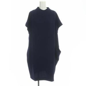 ワンピース フレンチスリーブ ワイド 膝丈 ジョーゼット タック 38 紺 ネイビー