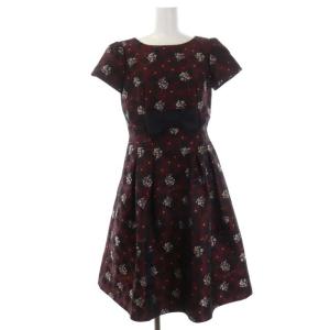 22EA 小花付きリボンモチーフジャガードドレス タック 36 ワインレッド