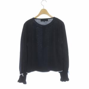 M'S GRACY 21年 カーディガン ニット 長袖 クルーネック リボン ウール 38 ネイビー ライトブルー