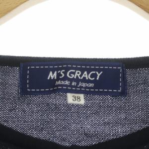 M'S GRACY 21年 カーディガン ニット 長袖 クルーネック リボン ウール 38 ネイビー ライトブルー