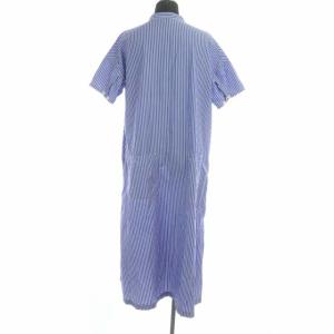 AMERICANA ストライプ柄ジップアップノーカラーシャツワンピース ロング フレア 半袖 青 ブルー 白 ホワイト