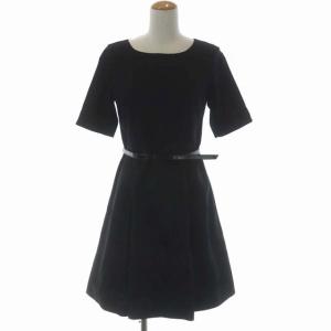 ベルト付チェック柄切替ワンピース 膝丈 半袖 36 ブラック