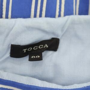 TOCCA ノースリーブストライプワンピース フレア 膝丈 ギャザー 00 青 ブルー 白 ホワイト