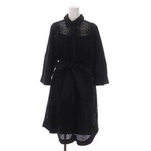 22SS ドットカットワークシャツワンピース 七分袖 ロング リボンベルト付き 36 黒 ブラック