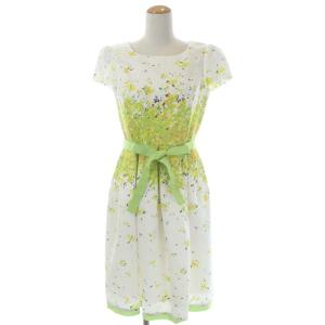 ガーデンフラワー ワンピース フレア 膝丈 半袖 総柄 ベルト付き 36 白 黄 黄緑 ホワイト イエロー イエローグリーン
