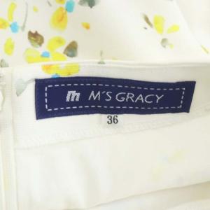 M'S GRACY ガーデンフラワー ワンピース フレア 膝丈 半袖 総柄 ベルト付き 36 白 黄 黄緑 ホワイト イエロー イエローグリーン