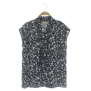 ボウタイフレンチスリーブブラウス 総柄 シアー 紺 ネイビー 白 ホワイト