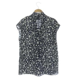 UNITED ARROWS ボウタイフレンチスリーブブラウス 総柄 シアー 紺 ネイビー 白 ホワイト