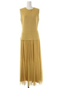 プリーツドッキングニットメッシュワンピース ノースリーブ ロング フレア 38 マスタード