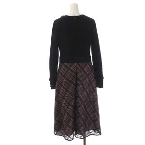 TO BE CHIC エンブロイダリーチェックコンビ ドレス ワンピース  長袖 ロング フレア コサージュ付き 40 黒